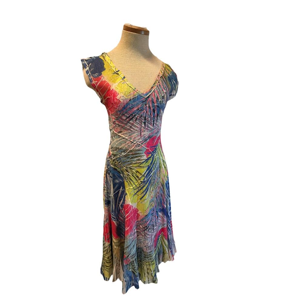 KOMAROV size XS Bright Palm Floral Pleat Cap Sleeve Midi Dress Cruise